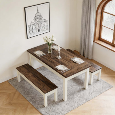 Wood Kitchen Dining Table Set with 2 Benches