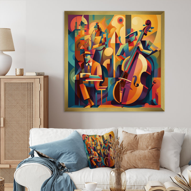 Jazz Band Performance I - Music Jazz, art mural, H 30 po x l 30 po x P 1 po, Encadrement doré