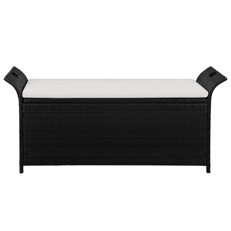 Banc de rangement en rotin PE noir de 138 cm (54,3 pouces), coussin crème, structure en acier, revêtement imperméable, pour terrasse extérieure