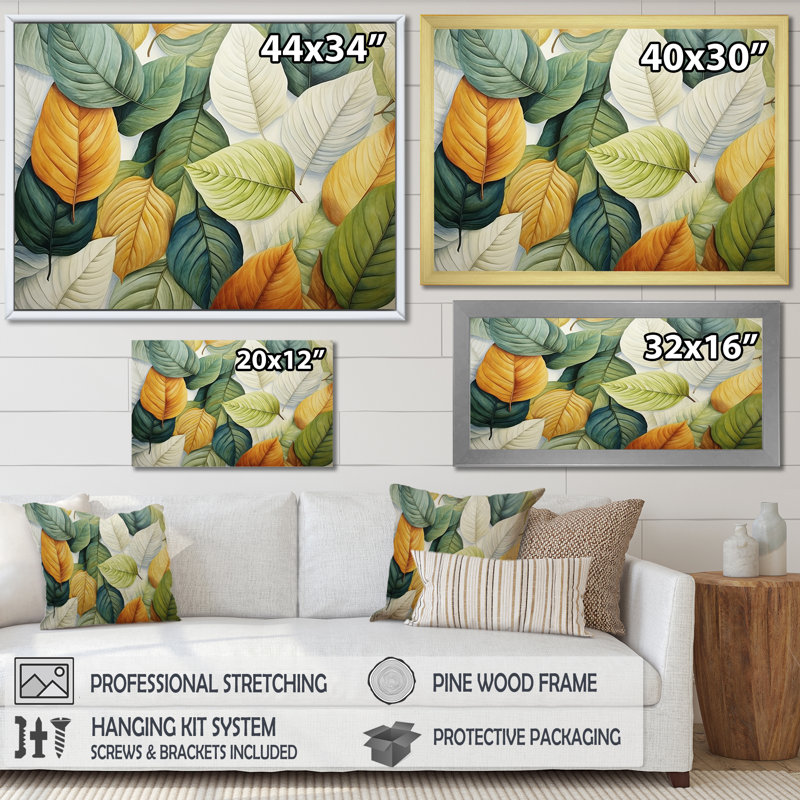 Feuilles vertes et jaunes Tranquility II - feuilles, art mural, 16" H x 32" W, Cadre flottant doré