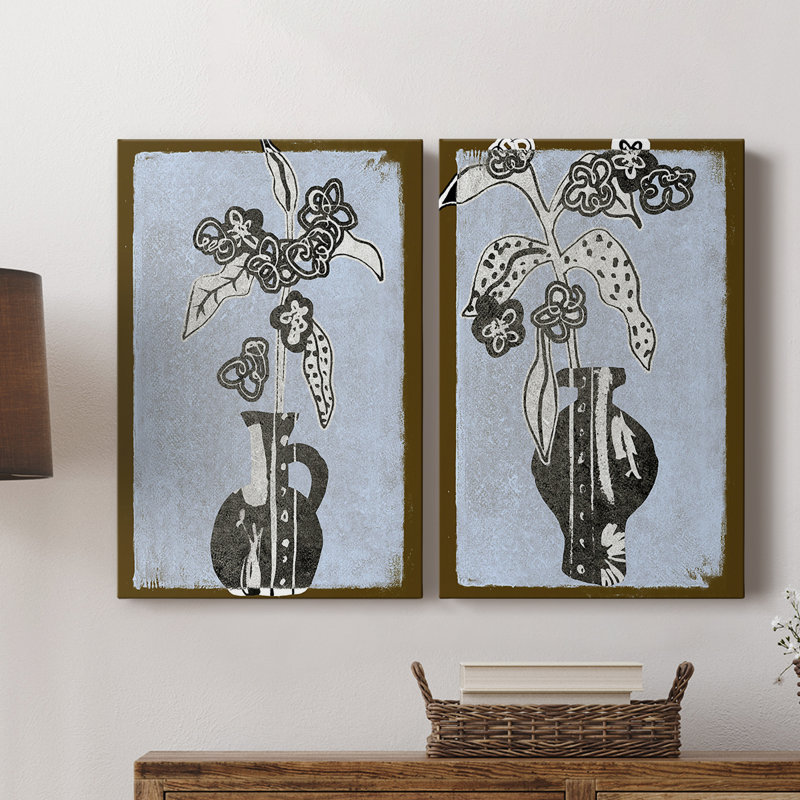 Fleurs graphiques dans un vase I - Toile tendue avec châssis de qualité supérieure - Prêt à être accroché, H 18 po x l 24 po