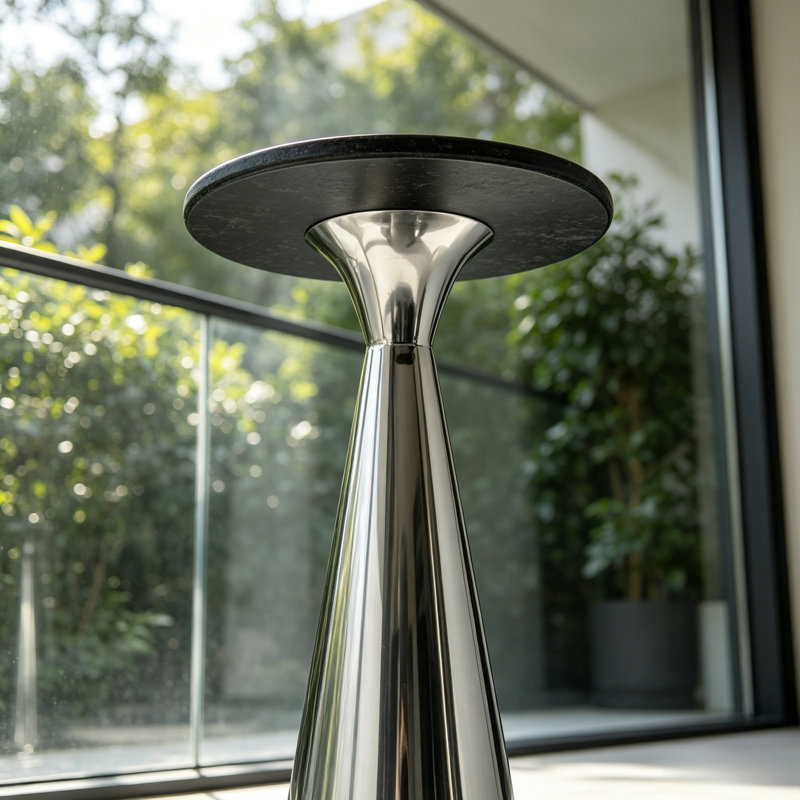 Table d'appoint haute sur pied, plateau d'aspect marbre noir et piètement conique en métal chromé poli, table basse moderne et mince pour salon et chambre.