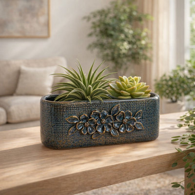 Jardinière rectangulaire en céramique texturée pour le jardin - Style de patio - Pots de fleurs d'intérieur en relief pour le salon - 8 po