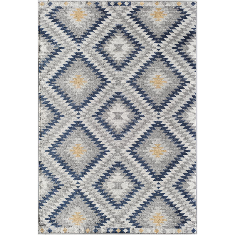 Heron Bodrum Tribal Kilim Denim Area Rug, Rectangle 2' x 4', Ivory/Navy/Orange/Silver/Gray