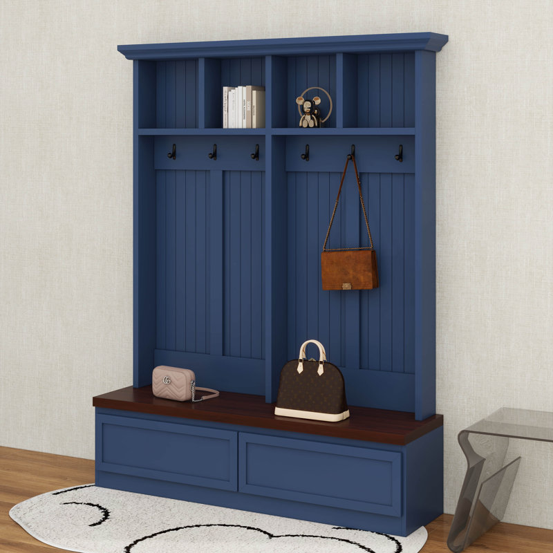 Portemanteau en bois avec banc et tiroirs de rangement Farmhouse, portemanteau 4-en-1