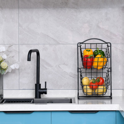 2 Tier Iron Fruit Basket Fruit Bowl For Kitchen Counter,Bread,Fruit And Vegetable Holder Storage Basket,Wire Hanging Basket Stand, Matte Black