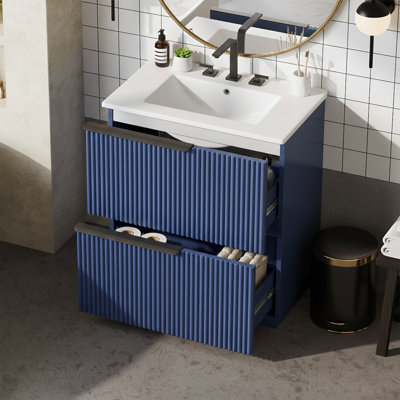  30" Fluted Single Bathroom Vanity with Ceramic Sink - 8" Widespread 2-Drawer Storage Cabinet - Ribbed Design - Blue