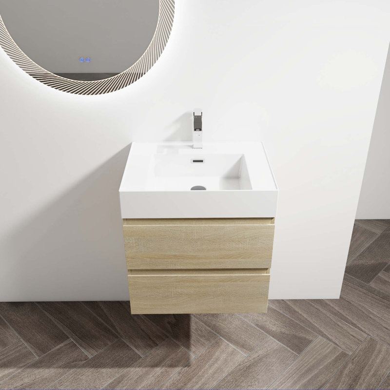 Meuble-lavabo mural avec lavabo en résine, Light Oak