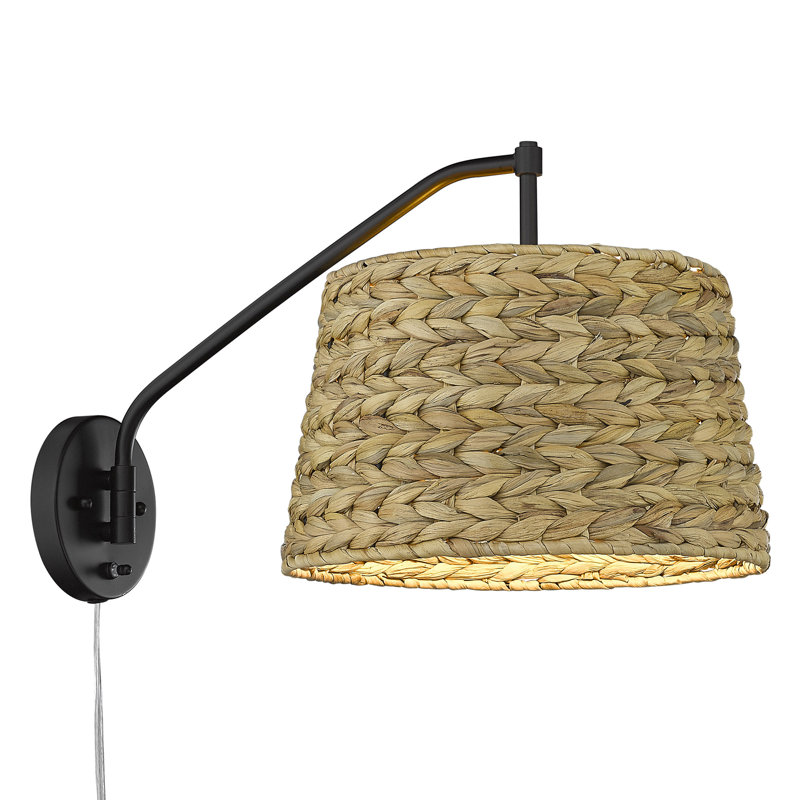 Swanage Steel Swing Arm Sconce, Woven Sweet Grass, Matte Black