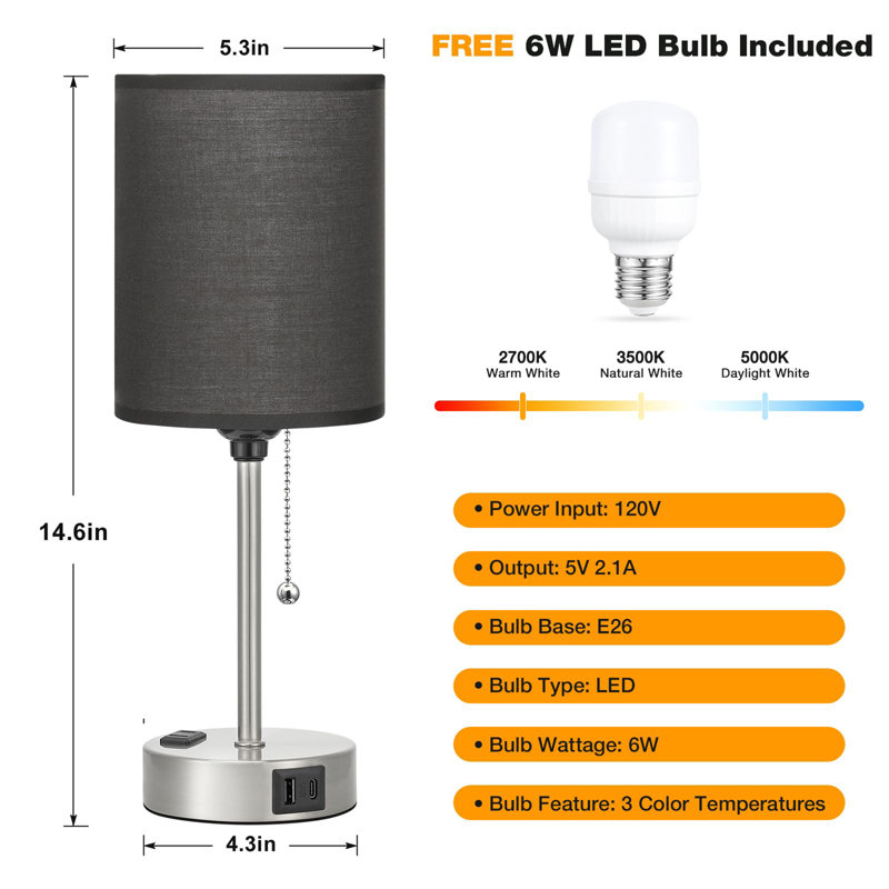 Petite lampe de table de chevet pour la chambre à coucher, Argent argent, Noir, noir, noir, noir