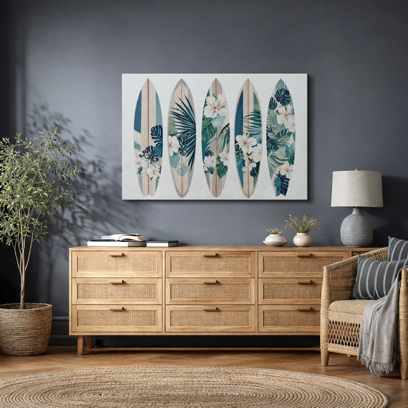 Illustration de planche de surf tropicales, chambre à coucher de plage côtière, impression sur toile encadrée, Toile tendue