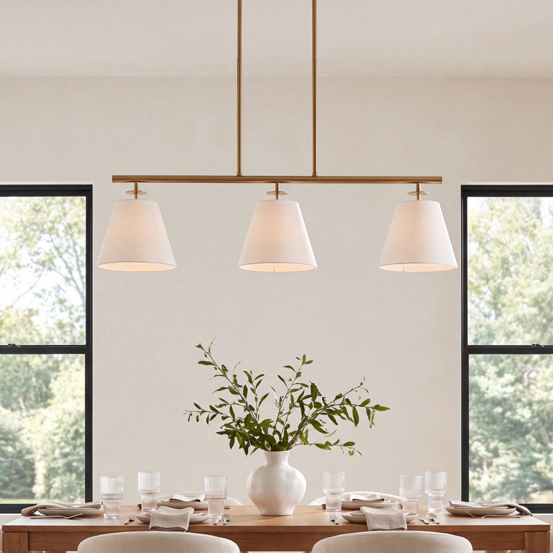 Lustre linéaire moderne à 3 lumières avec abat-jour Stephens, Laiton