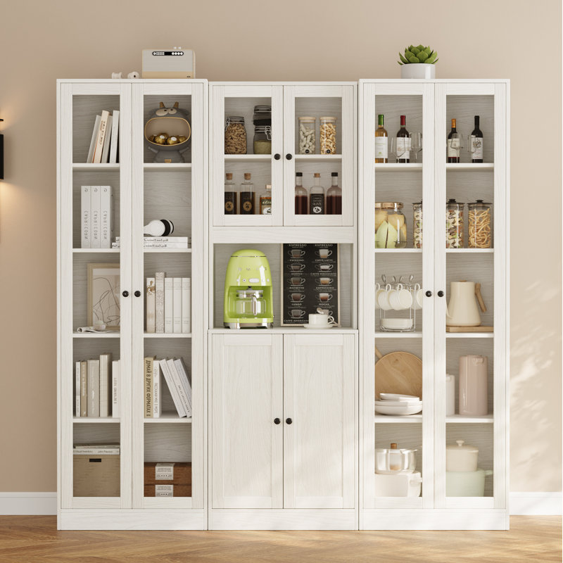 Book Cabinet Storage Bookcase, 5-Tier Modern Bookshelves With 3 Large Drawer And Glass Door(B+2C), White