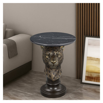 Table d'appoint tête de léopard avec plateau en faux marbre, statue d'animal en résine marron antique, idéale pour le salon.