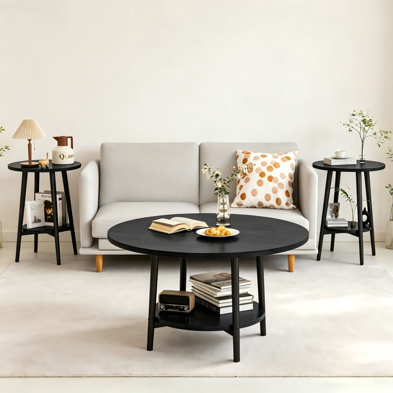 Ensemble de tables basses rondes 3 pièces, ensemble de table de salon moderne avec tablette de rangement, 1 table basse et 2 tables d'appoint, pieds en métal stables, facile à assembler pour la maison