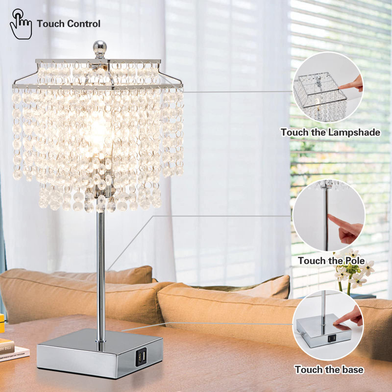 Silver Crystal Touch Control Table Lamp with USB Ports
