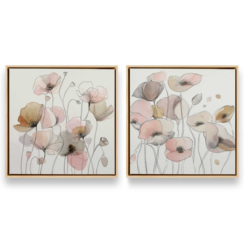 Blush Meadow Blooms, ensemble de 2 impressions, 12 po x 12 po, Cadre flottant en érable américain