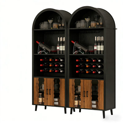 Set Of 2 Farmhouse Wine Bar Cabinet, 71" Tall Arched Home Coffee Bar Cabinet With Storage, Wine Rack And Glass Holder