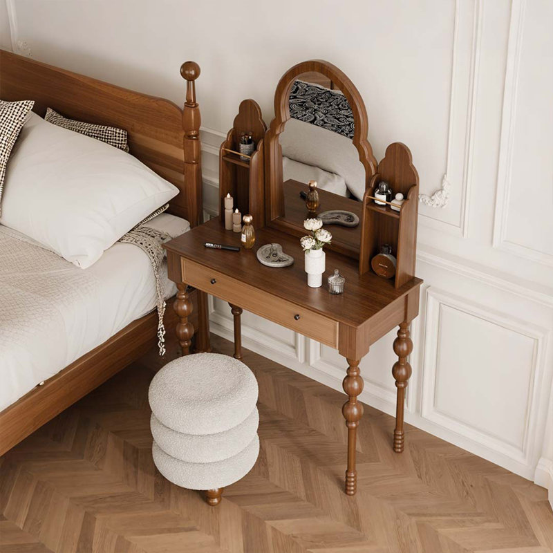 Coiffeuse vintage en bois massif avec grand miroir de maquillage