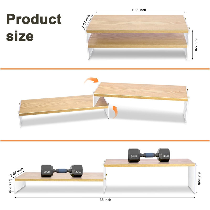 Support de moniteur en bois réglable, adapté aux bureaux, support double couche double avec pieds en acrylique, support d'organisation de tablettes de bureau, adapté aux ordinateurs portables, PCS, imprimantes, ordinateurs