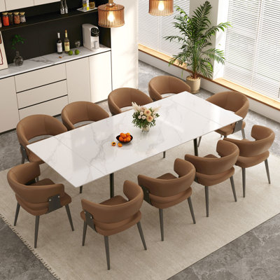 Expandable White Sintered Stone Dining Table And Chair Set