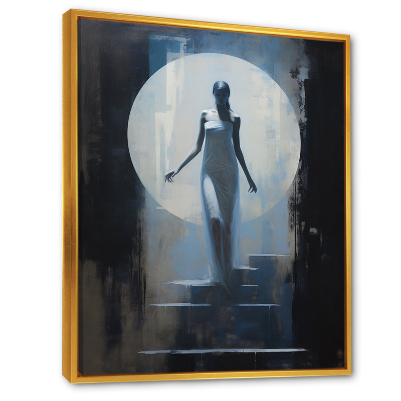 Pleine lune, descente d'escalier rétro sur toile, H 32 po x l 16 po x P 1 po, Cadre flottant doré