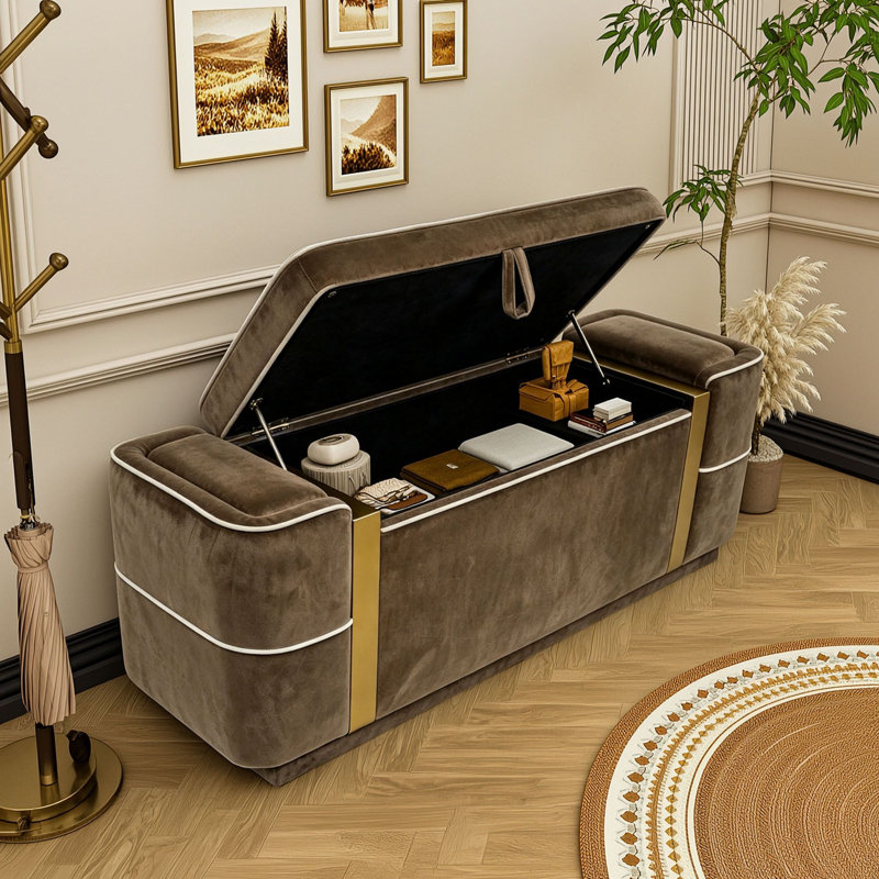 Banc ottoman de rangement rembourré avec compartiment caché avec couvercle relevable et accents métalliques dorés, Brun