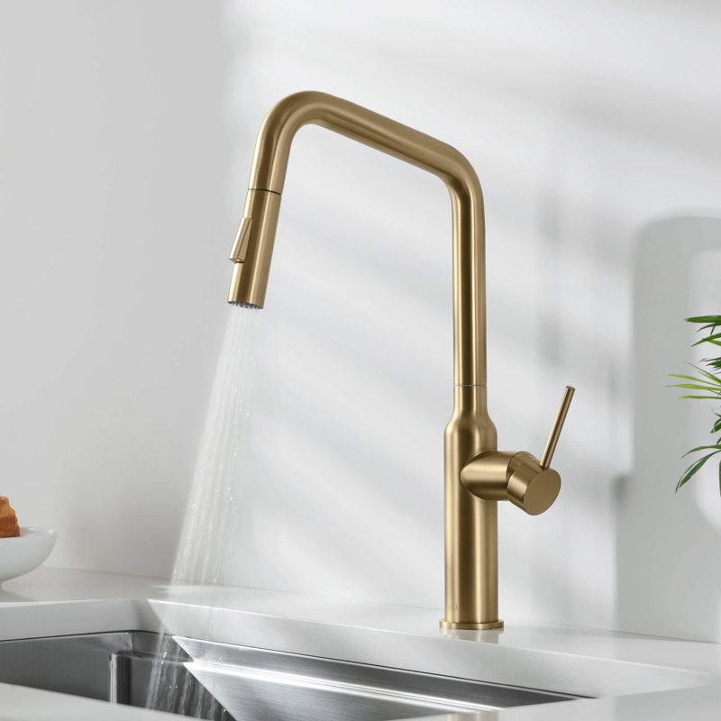 Macon Pull Down Single Handle Kitchen Faucet with Accessories, Without Soap Dispenser, Brushed Brass