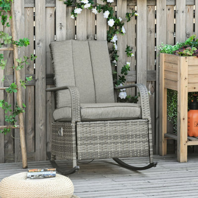 Grey Patio Rocking Recliner Chair - Soft Cushions, Adjustable Footrest, 135 Reclining Degree