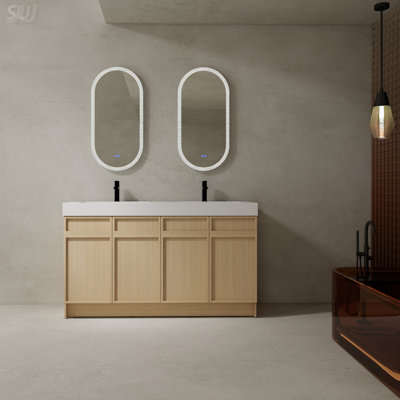 Meuble-lavabo autoportant contemporain avec lavabo double en résine blanche et armoires à fermeture douce, parfait pour les salles de bain modernes et luxueuses.