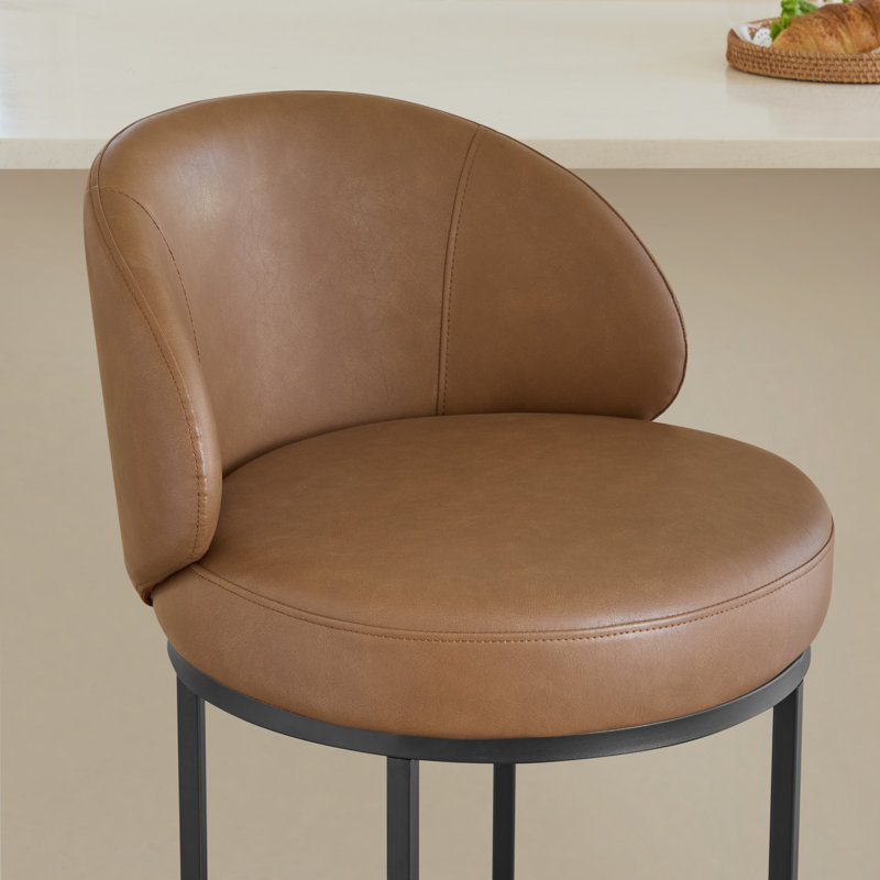 Tabouret de comptoir pivotant 27 po avec structure cylindrique en métal Angelick, Siège brun selle / cadre noir mat, 3