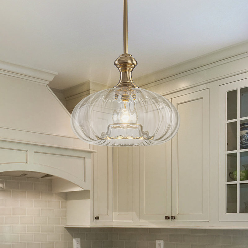 Luminaire suspendu en verre nervuré à 1 lumière avec accents dorés