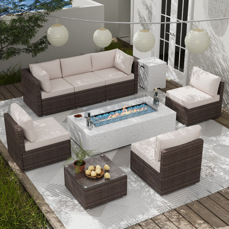 9 Pieces Sofa Sectional Seating Group with Cushions and Fire Pit Table, Beige/Dark Brown