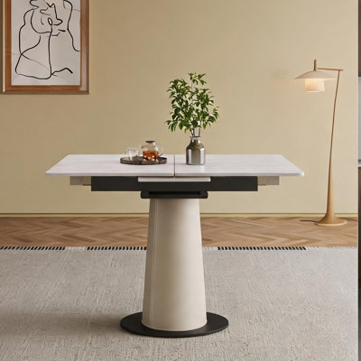 Table de salle à manger carrée extensible pour 4 à 6 personnes, plateau en pierre frittée blanc doux avec base en acier recouverte de cuir, table moderne peu encombrante pour les petites cuisines