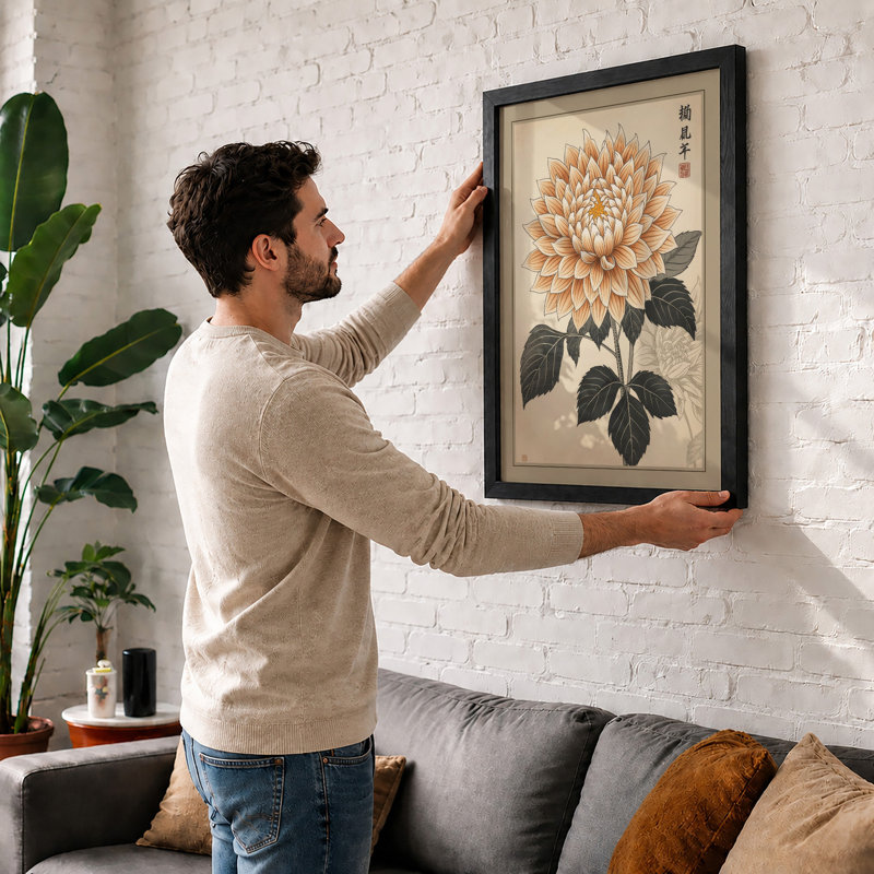 Chrysanthemum Study Japandi - Framed Print, A2 - 59.4 x 42.0 cm, Oak