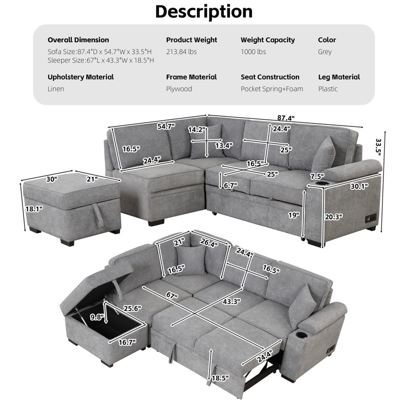 Shanet 87.4'' Velvet Sleeper Sofa, Gray Velvet