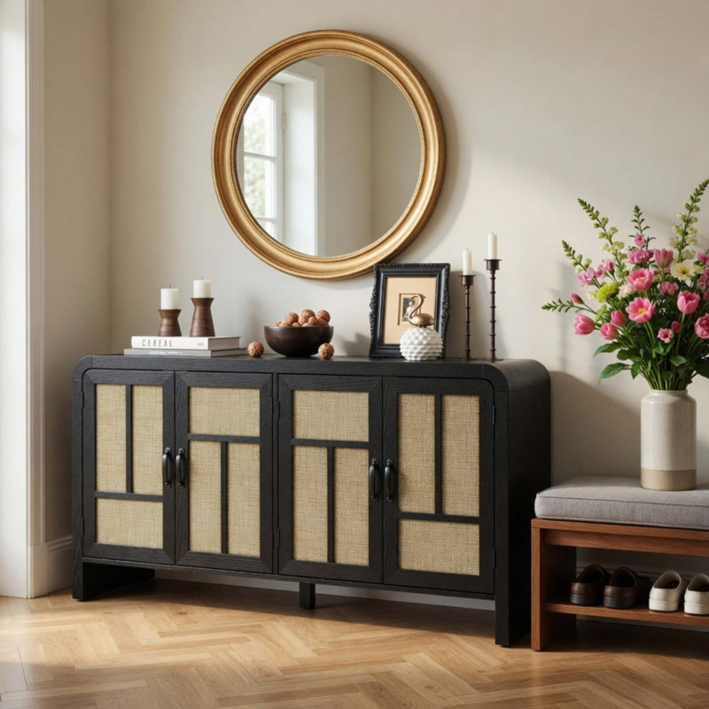Buffet boho en rotin avec tablettes réglables
