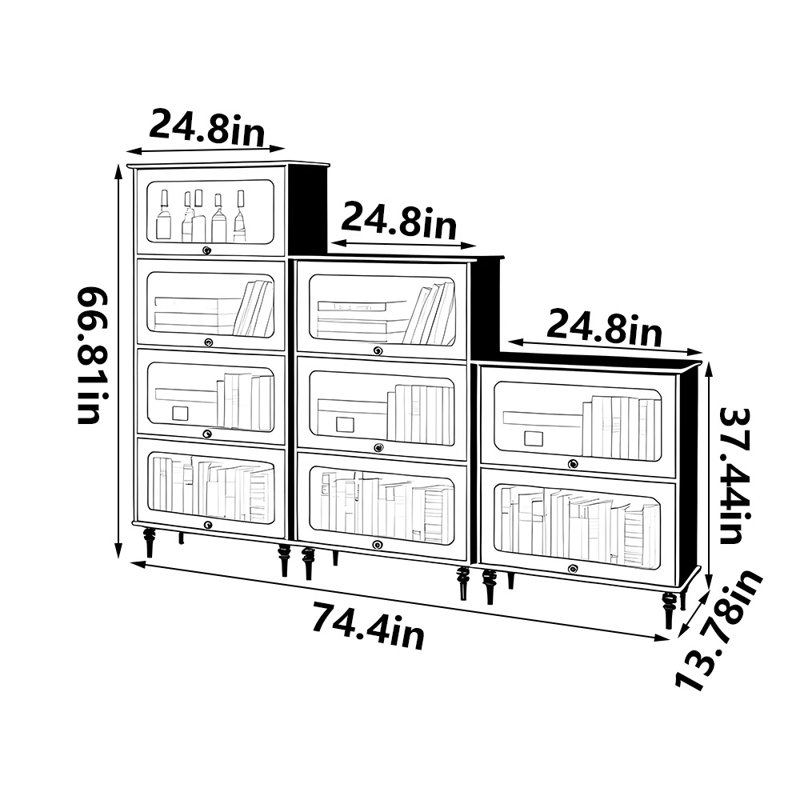 Bibliothèque américaine de luxe légère noire, (9 tablettes) H 66,81 po x l 74,4 po x P 13,78 po