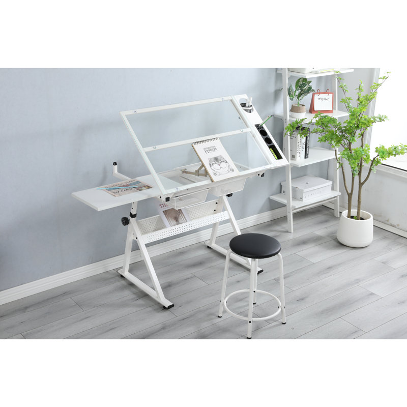 table à dessin réglable en verre trempé avec chaise, Blanc