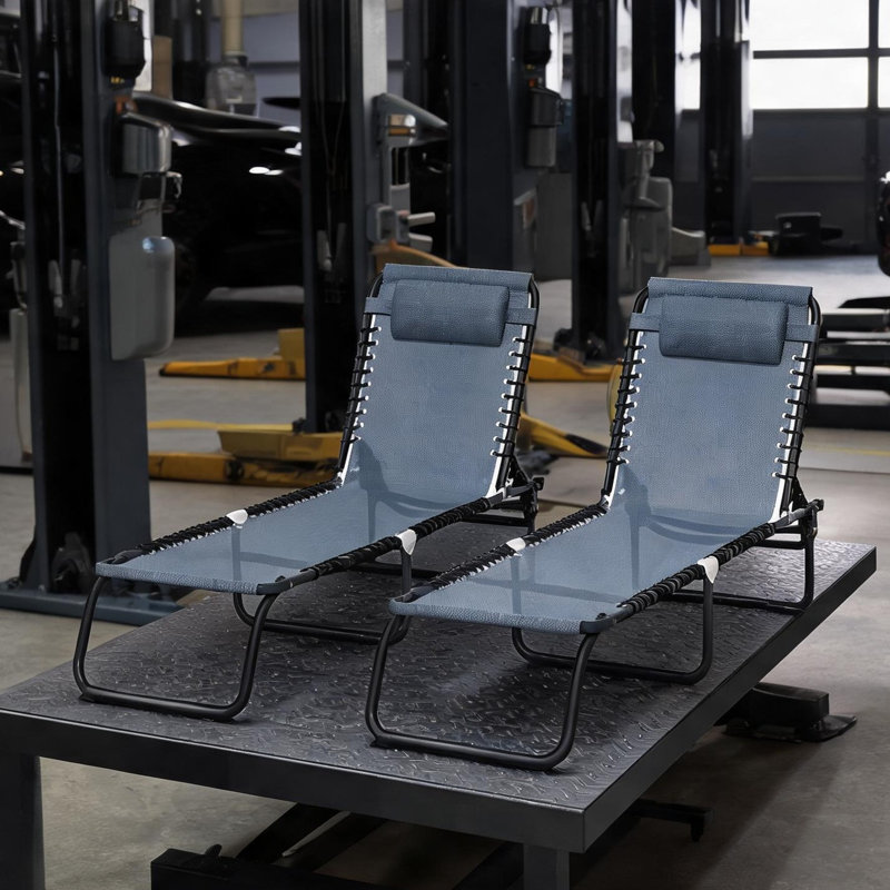 Chaises longues de camping inclinables réglables avec structure en acier et tissu en filet, gris doux, ensemble de 2, pliables pour une utilisation extérieure
