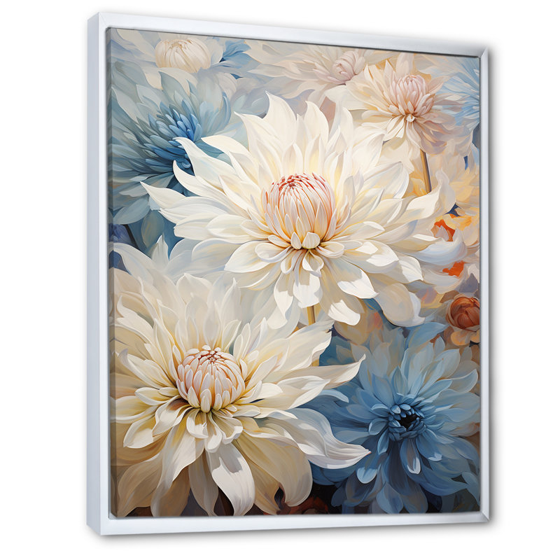 «Blooming Mums» en beige et bleu sur toile, H 32 po x l 16 po x P 1 po, Cadre flottant blanc