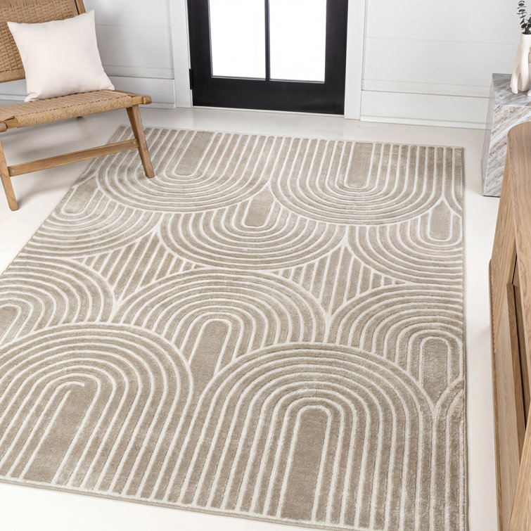 Megane MidCentury Art Deco Striped Arches Two-Tone High-Low Beige/Cream Rug
