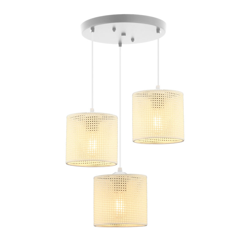 Elegant Metal Chandelier with 3 Cotton Shades, White & Cream, 23.6 x 23.6 x 5.5 inches | CE Certified, E27 Socket, Max 60W | Perfect for Dining Room, Living Room, or Entryway – Stylish & Functional Lighting Solution