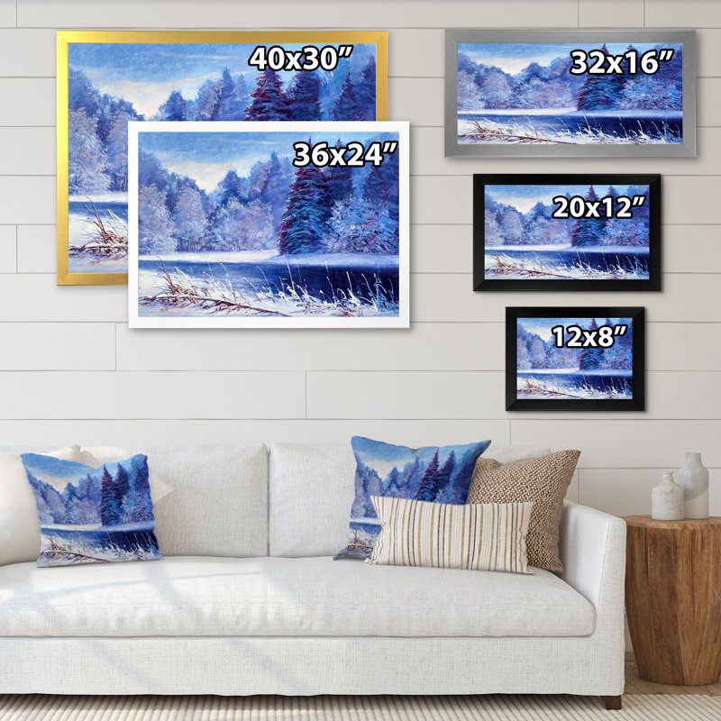 «Sunset On Winter River V», reproduction sur toile flottante, H 16 po x l 32 po x P 1 po, Cadre photo blanc