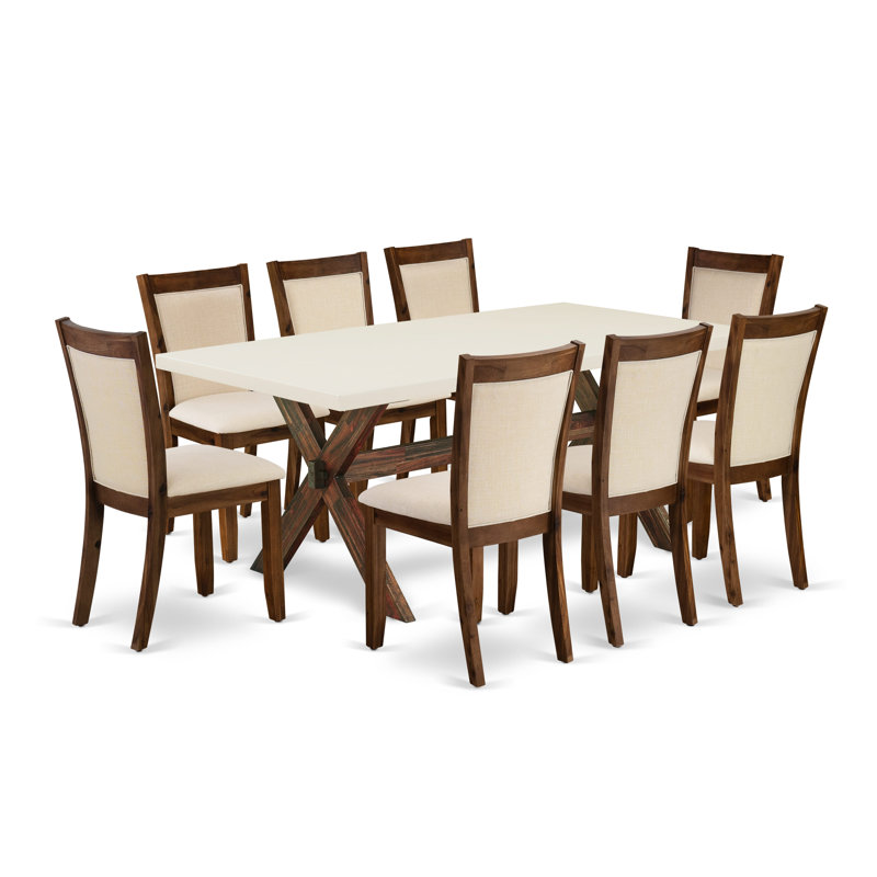 L'ensemble de mobilier de salle à manger 9 pièces comprend une table de salle à manger rectangulaire avec pieds en X et 8 chaises Parsons en lin beige clair, jacobin vieilli