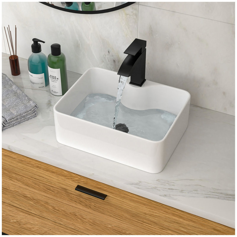 Lavabo de salle de bain vasque rectangulaire en céramique blanche 16 "x 12" avec robinet noir et drain noir
