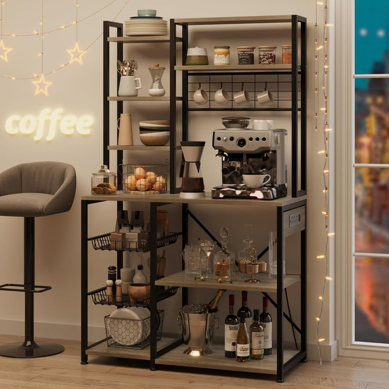 Bakers Rack With Power Outlet,7-tier Kitchen Bakers Rack With Large Storage, Grey