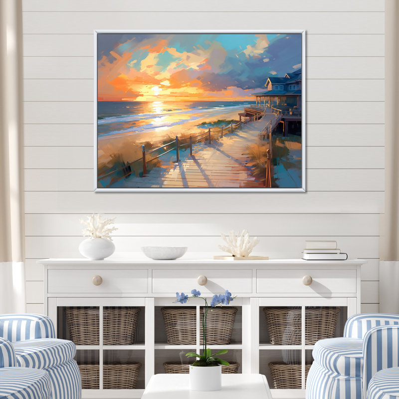 «Beach Road To Majestic Sunset» sur toile, Cadre flottant blanc, H 30 po x l 40 po