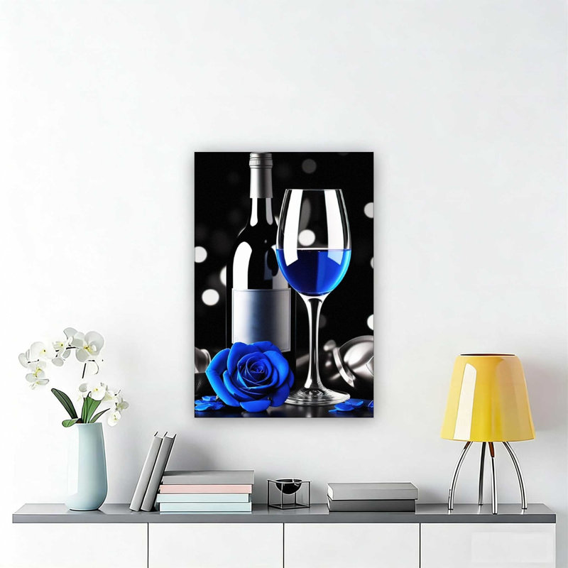 «Blue Wine Rose» et verre à vin, art mural 12 x 18
