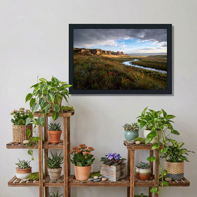 «Winding River Through Grassy Fields and Rocky Hills», art mural sur toile, 16"H x 24"W